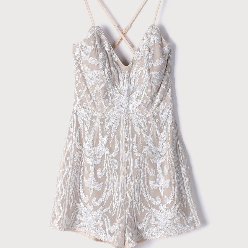 Lulu's White Beige Sequin Romper